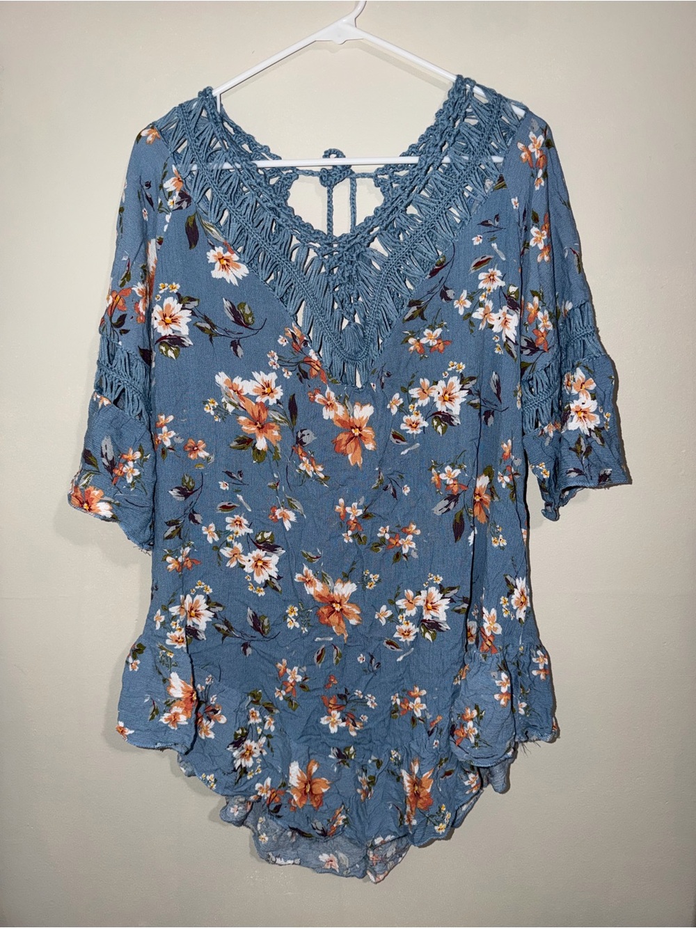 Ekouaer Women’s Large Blue Floral Crochet Trim Boho Mini Dress